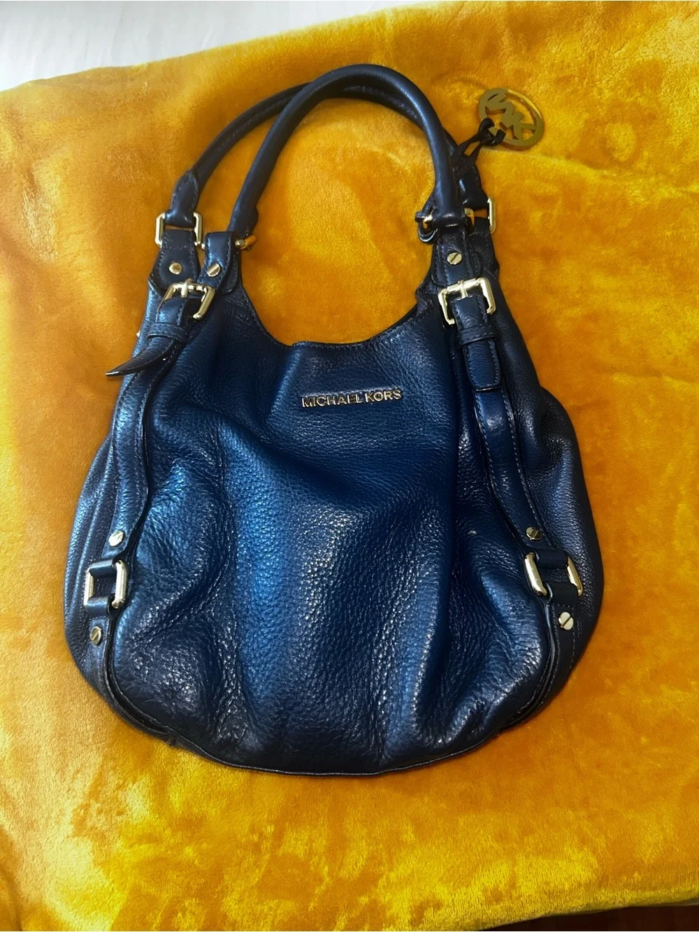 Michael Kors Navy Pebbled Leather Shoulder Bag with Gold Hardware